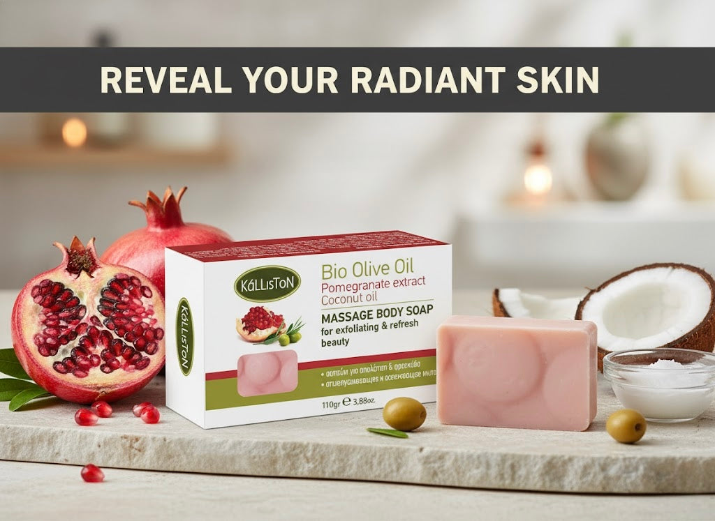 Pomegranate Extract with Organic Extra Virgin Olive Oil Soap, Massage Body & Exfoliating Soap Bar, Made in Greece, 110g Each