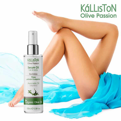 Kalliston Hair and Body Serum Oil, Organic Olive, Avocado, Almond oil & Vitamin E, Nourishes & hydrates all skin types and scalp, 100 ml Spray bottle, (3.38 oz)
