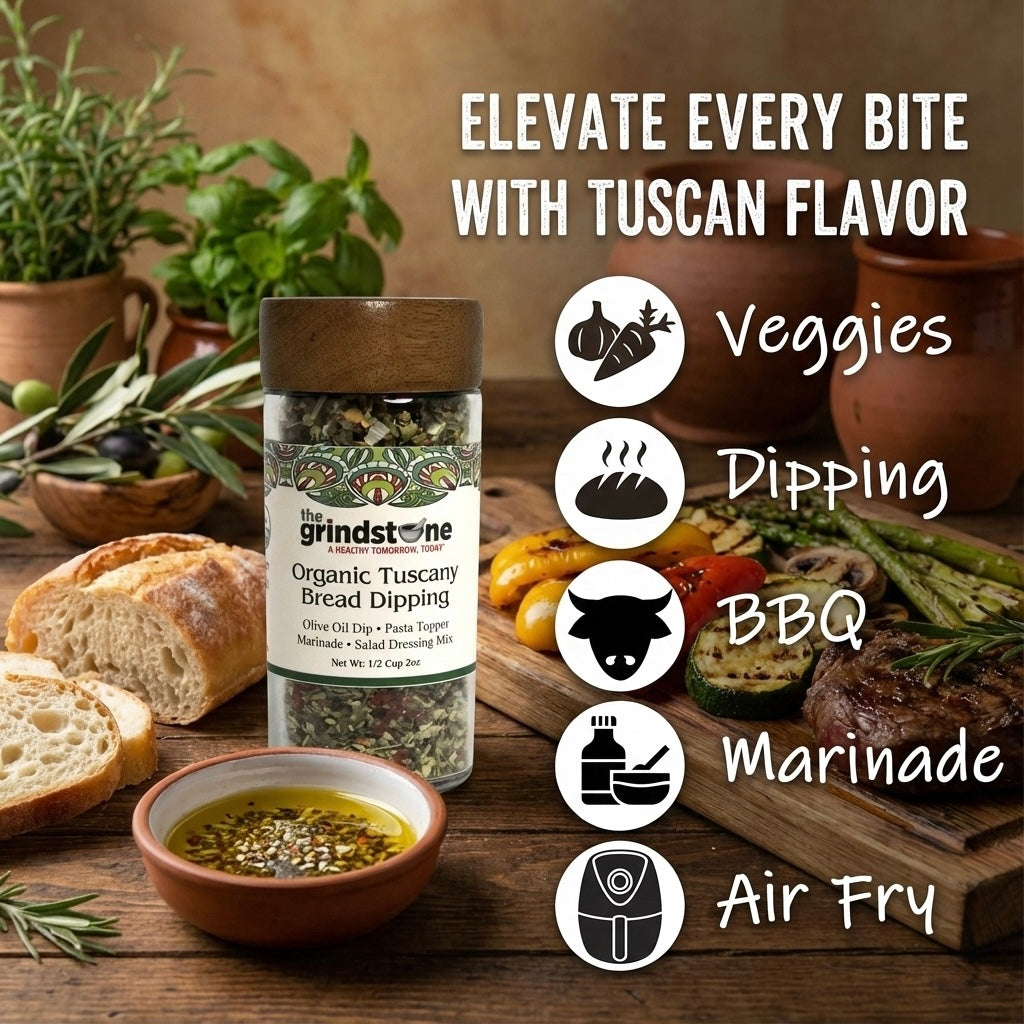 Organic Tuscany Bread Dipping Seasoning, Best with Extra Virgin Olive Oil, Pasta Topper, Pizza, Glass Jar with sifter, 2.3 oz