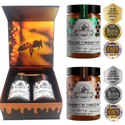 Ellora Farms, Organic Thyme and Orange Blossom Raw Greek Honey, Single Origin Unfiltered Superfood, Includes Wooden Dipper, 1 lb Each, Twin Pack