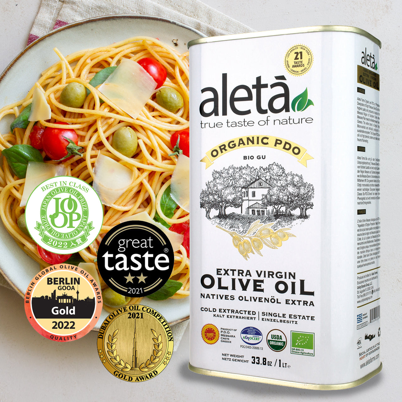 Aleta Organic & Ellora PDO SITIA Single Estate Extra Virgin Greek Olive Oil, 1 Ltr Tin, 33.8 oz. Combo