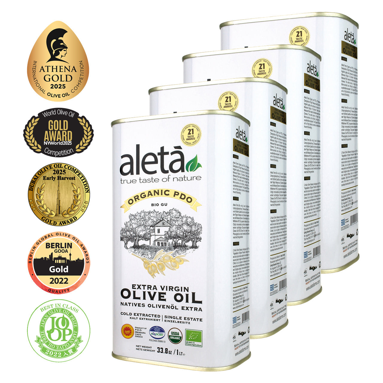 Aleta Organic & Single Estate PDO Extra Virgin Greek Olive Oil, Great Taste Award, 1 Ltr. Tin (33.8 oz.) X 4