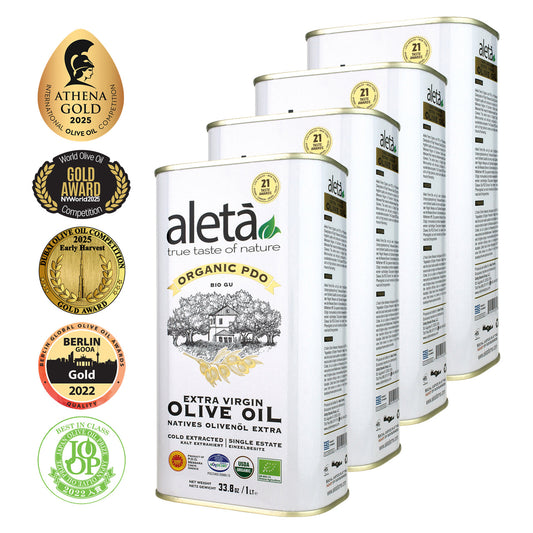 Aleta Organic & Single Estate PDO Extra Virgin Greek Olive Oil, Great Taste Award, 1 Ltr. Tin (33.8 oz.) X 4
