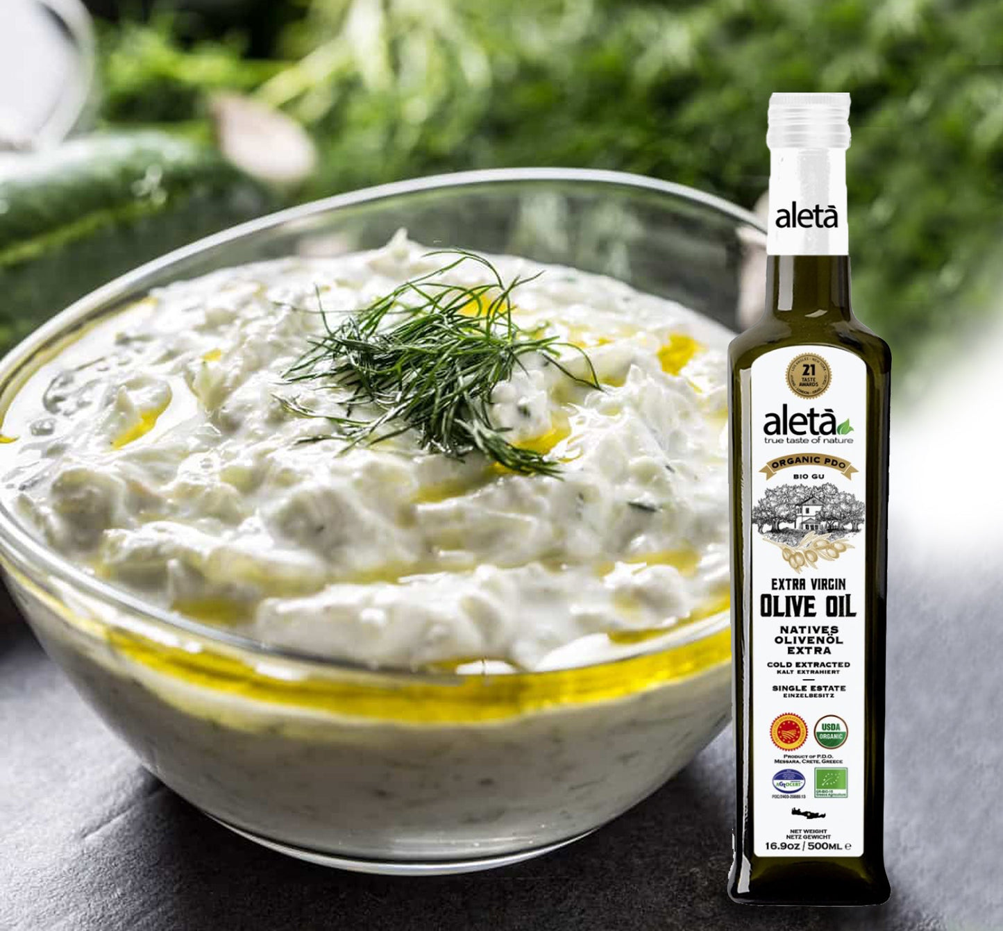 Aleta Organic & Single Estate PDO Extra Virgin Greek Olive Oil, 17 Oz Tin & 17 Oz bottle Combo