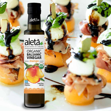 Aleta Organic, Infused Mango Balsamic Vinegar, Tropical Floral Notes, Great Taste Award Winner, Glass Bottle, 8.45 oz.