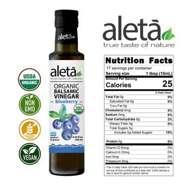 Aleta Organic, Infused Blueberry Balsamic Vinegar, Dark Berry Richness, No Preservatives, Great Taste Award Winner, Glass Bottle, 8.45 oz.