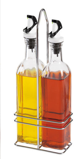 New Age Kitchen, Apollo Glass Cruet Set, Carry Rack and Magnetized Pourer, Oil & Vinegar Dispenser, 16 oz. Bottles