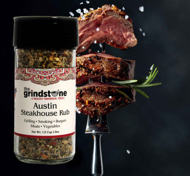 Austin Steak Rub, Salt-Free dry rub for Steaks, Tacos, Hamburgers, Veggie Burgers, Stuffing, GMO & MSG Free, Glass Jar with sifter, 2.8 oz, Pack of 2
