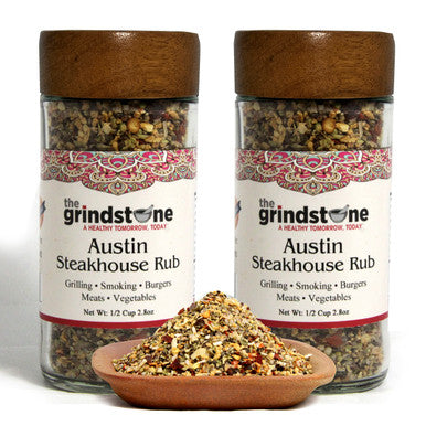 Austin Steak Rub, Salt-Free dry rub for Steaks, Tacos, Hamburgers, Veggie Burgers, Stuffing, GMO & MSG Free, Glass Jar with sifter, 2.8 oz, Pack of 2