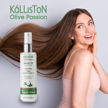 Kalliston Hair and Body Serum Oil, Organic Olive, Avocado, Almond oil & Vitamin E, Nourishes & hydrates all skin types and scalp, 100 ml Spray bottle, (3.38 oz)