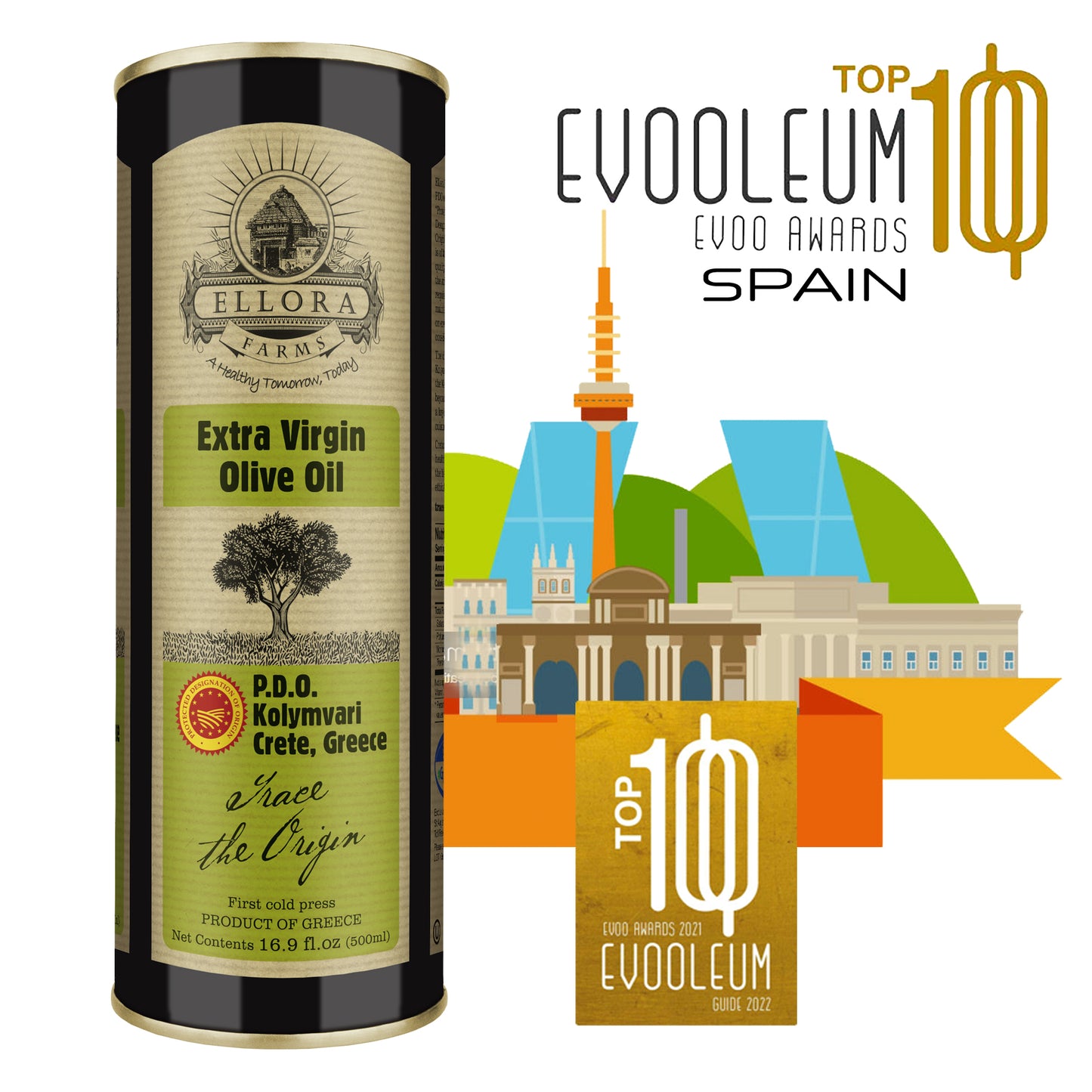 Ellora Farms, Certified PDO Extra Virgin Olive Oil, Traceable and Single Estate EVOO, Harvested in Crete, Greece, 17 oz Tin