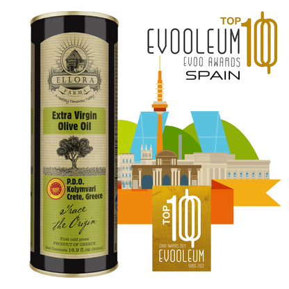 Ellora Farms, Certified PDO Extra Virgin Olive Oil, Traceable and Single Estate EVOO, Harvested in Crete, Greece, 17 oz Tin