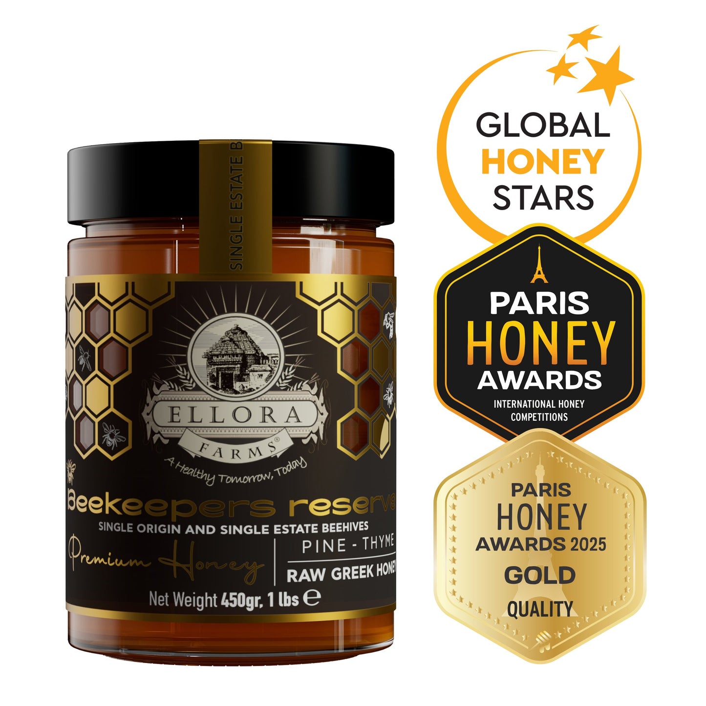 Ellora Farms, Single Estate PDO Greek Raw Honey, Beekeepers Reserve Gift of Honey in Cube Box, Pine & Thyme, 450g