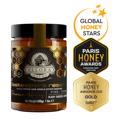 Ellora Farms, Single Estate PDO Greek Raw Honey, Beekeepers Reserve Gift of Honey in Cube Box, Pine & Thyme, 450g