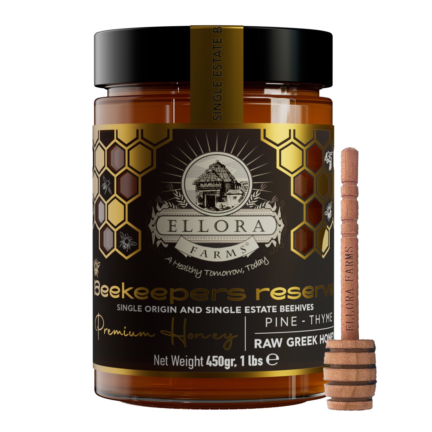 Ellora Farms, Single Estate PDO Greek Raw Honey, Beekeepers Reserve, Pine & Thyme, 450g