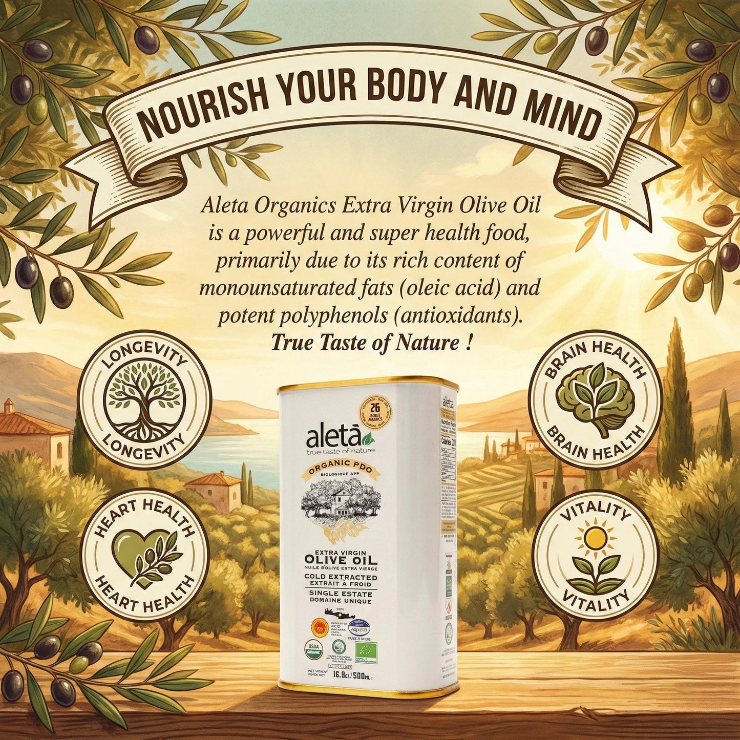 Aleta Organic Single Estate Extra Virgin Greek Olive Oil, PDO Messara Valley, High Polyphenols, 17 Oz Tin,