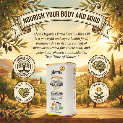 Aleta Organic Single Estate Extra Virgin Greek Olive Oil, PDO Messara Valley, High Polyphenols, 17 Oz Tin,