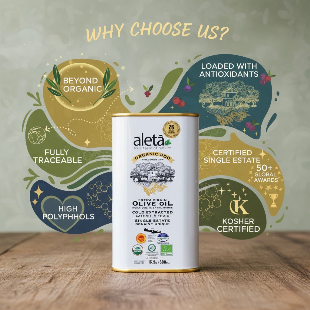 Aleta Organic Single Estate Extra Virgin Greek Olive Oil, PDO Messara Valley, High Polyphenols, 17 Oz Tin,