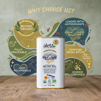 Aleta Organic & Single Estate PDO Extra Virgin Greek Olive Oil, 17 Oz Tin & 17 Oz bottle Combo