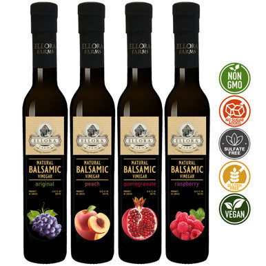 Ellora Farms, Combo Pack, Original, Peach, Pomegranate and Raspberry Infused Balsamic Vinegar, No-Added Sugars, Glass Bottles, Pack of 4