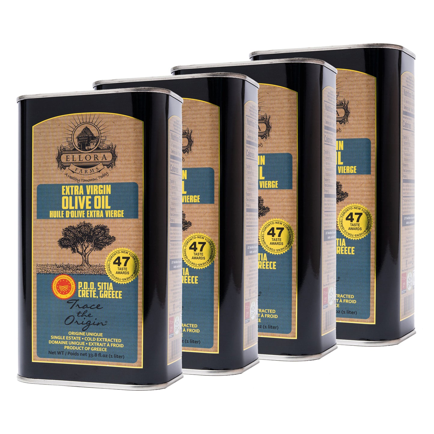 Ellora Farms PDO SITIA Extra Virgin Olive Oil, Traceable and Single Estate EVOO, Harvested in Crete, Greece, (33.8 FL oz) 1 Ltr Tin, Pack of 4