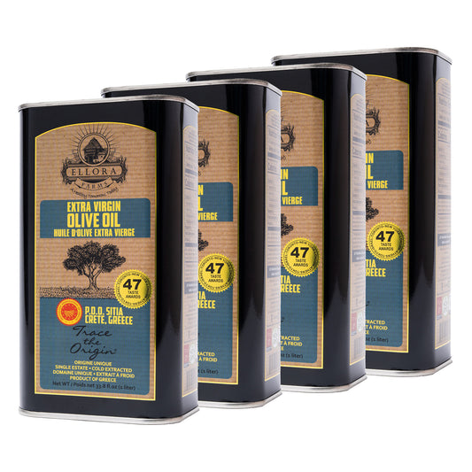 Ellora Farms PDO SITIA Extra Virgin Olive Oil, Traceable and Single Estate EVOO, Harvested in Crete, Greece, (33.8 FL oz) 1 Ltr Tin, Pack of 4