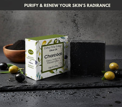 Charcoal & Olive Soap, Detox & Rejuvenate, Extra Fine Soap, Made with Real Olive Oil, 125g Each Bar