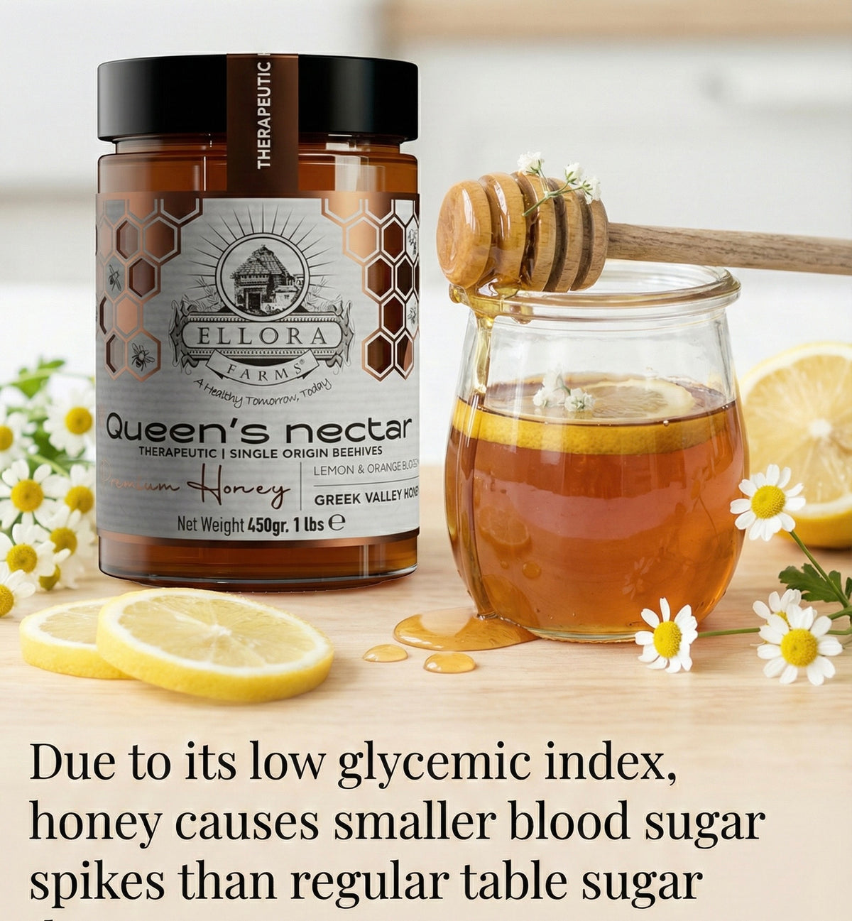 Ellora Farms, Greek Raw Honey, Queens Nectar, Lemon & Orange Blossom, Gift of Honey POT, Dipper Included, 450g