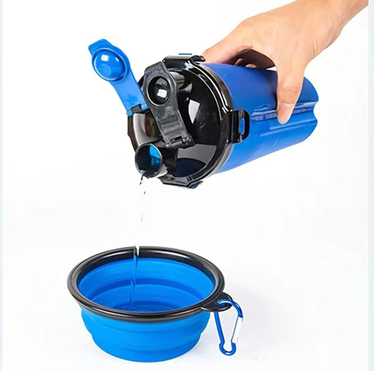 Dog Water Bottle and Collapsible Bowl, 2 in 1 Pet Food Container, Portable Water Bowl for Walking, Traveling, Camping Hiking (Blue)