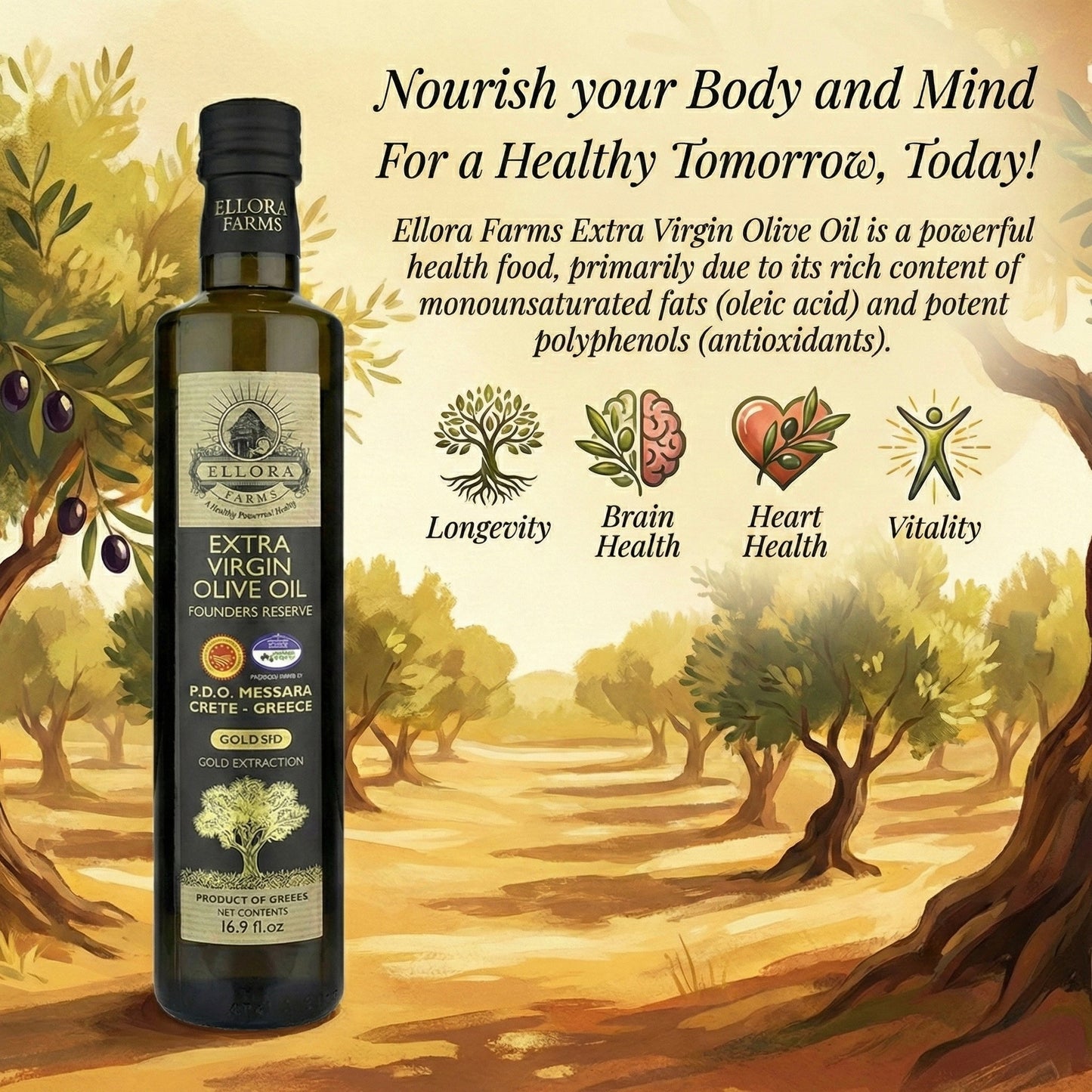 Ellora Farms, Award-Winning Extra Virgin Olive Oil, PDO Messara Valley, Crete Greece, Kosher, Bottle in box, 17 FL oz, Pack of 2