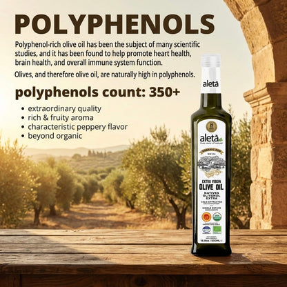 Aleta Organic & Single Estate PDO Extra Virgin Greek Olive Oil, Traceable EVOO, Kosher, Great Taste Award, 17 oz. (500ml) Bottle