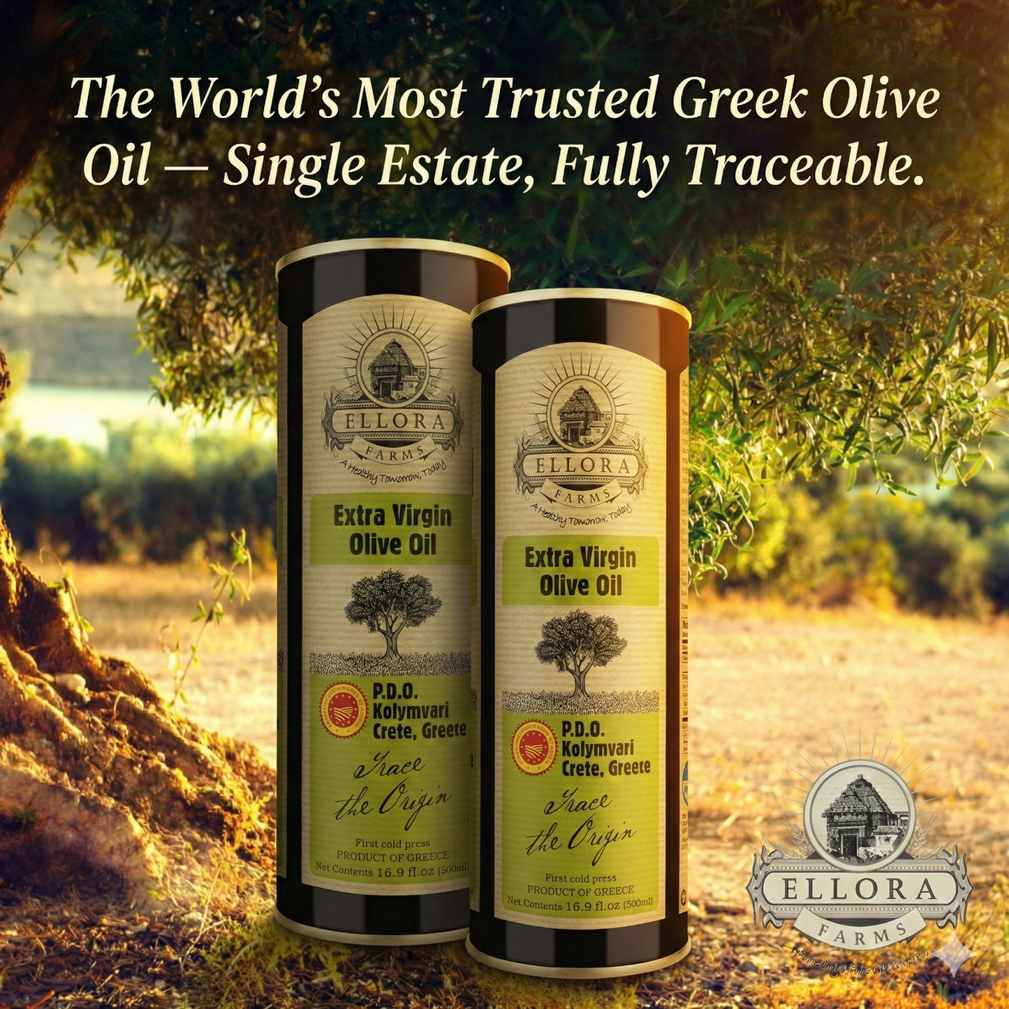 Ellora Farms, Certified PDO Extra Virgin Olive Oil, Traceable and Single Estate EVOO, Harvested in Crete, Greece, 17 Oz Tins, Pack of 2