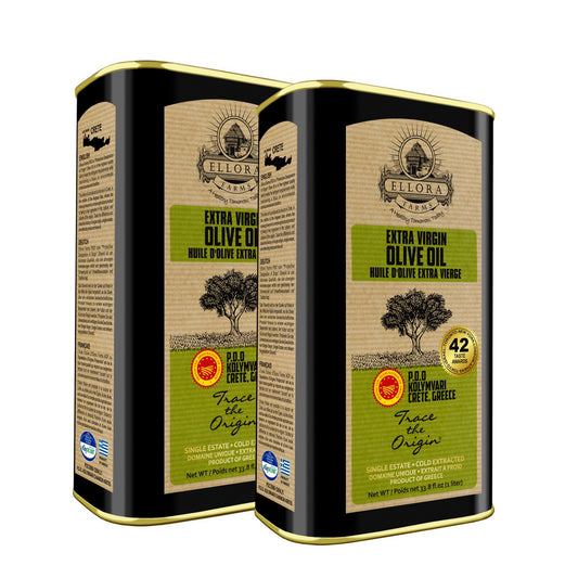 Ellora Farms, Extra Virgin Olive Oil, Single Estate and Traceable, Certified PDO Harvested in Crete, Greece, 1 Ltr. Tin, 33.8 FL oz , Pack of 2
