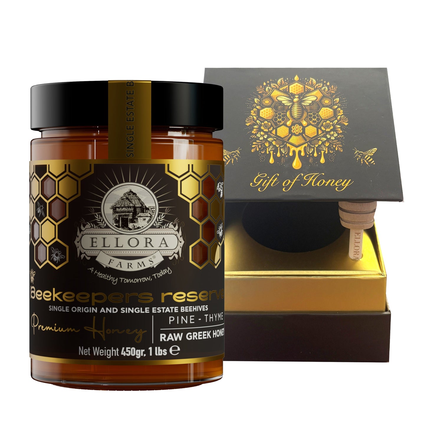 Ellora Farms, Single Estate PDO Greek Raw Honey, Beekeepers Reserve Gift of Honey in Cube Box, Pine & Thyme, 450g