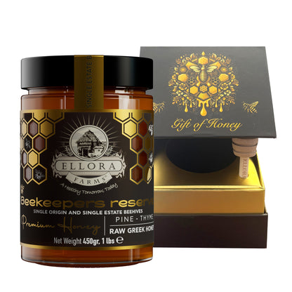 Ellora Farms, Single Estate PDO Greek Raw Honey, Beekeepers Reserve Gift of Honey in Cube Box, Pine & Thyme, 450g