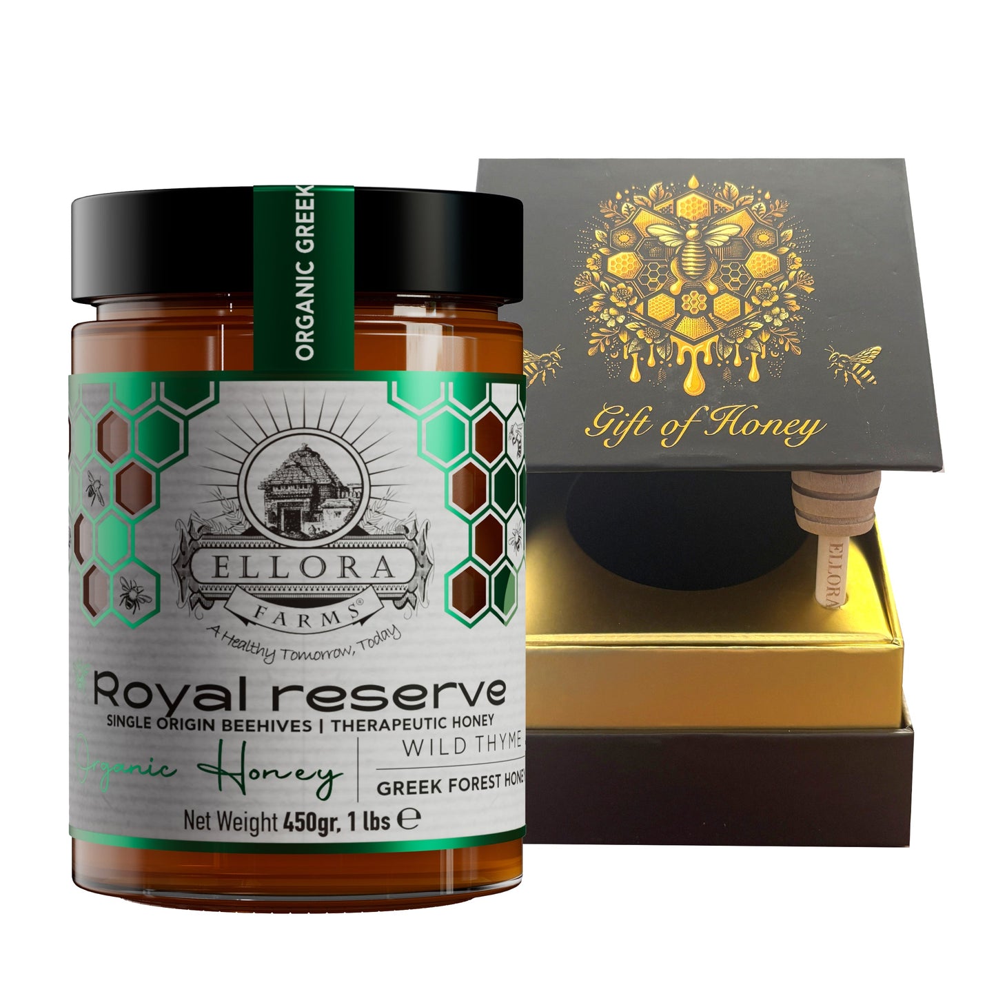 Ellora Farms, Organic Greek Raw Honey, Royal Reserve, Wild Thyme, Gift of Honey in Cube Box, Dipper Included,450g