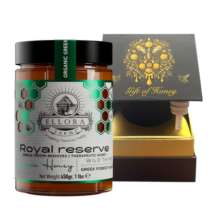 Ellora Farms, Organic Greek Raw Honey, Royal Reserve, Wild Thyme, Gift of Honey in Cube Box, Dipper Included,450g