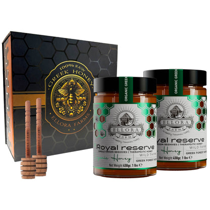 Ellora Farms, Organic Greek Raw Honey, Royal Reserve, Wild Thyme, Superfood, Includes Wooden Dippers, 1 lb. Each, Twin Pack