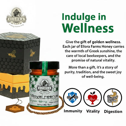 Ellora Farms, Organic Greek Raw Honey, Royal Reserve, Wild Thyme, Gift of Honey POT, Dipper Included, 450g