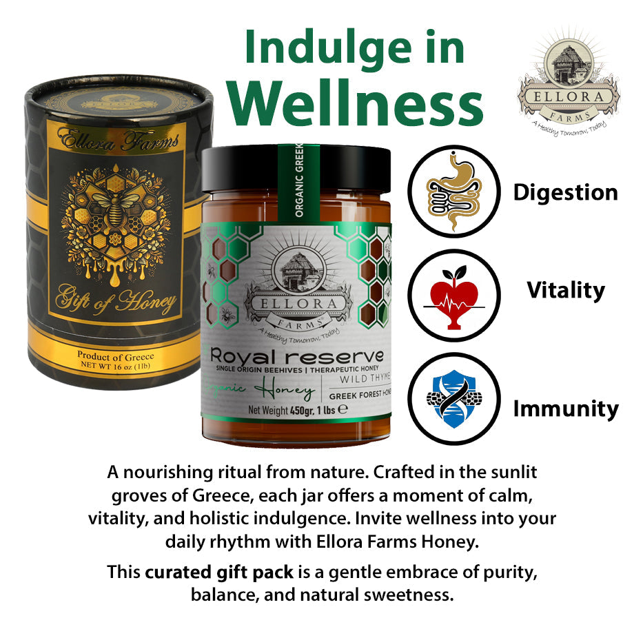 Ellora Farms, Organic Greek Raw Honey, Royal Reserve, Wild Thyme, Gift of Honey in TUBE, Dipper Included, 450g