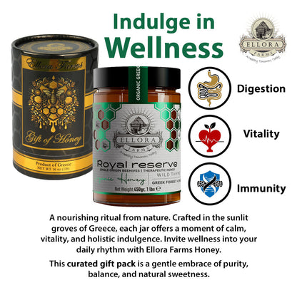 Ellora Farms, Organic Greek Raw Honey, Royal Reserve, Wild Thyme, Gift of Honey in TUBE, Dipper Included, 450g