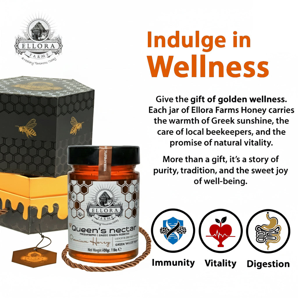 Ellora Farms, Greek Raw Honey, Queens Nectar, Lemon & Orange Blossom, Gift of Honey POT, Dipper Included, 450g