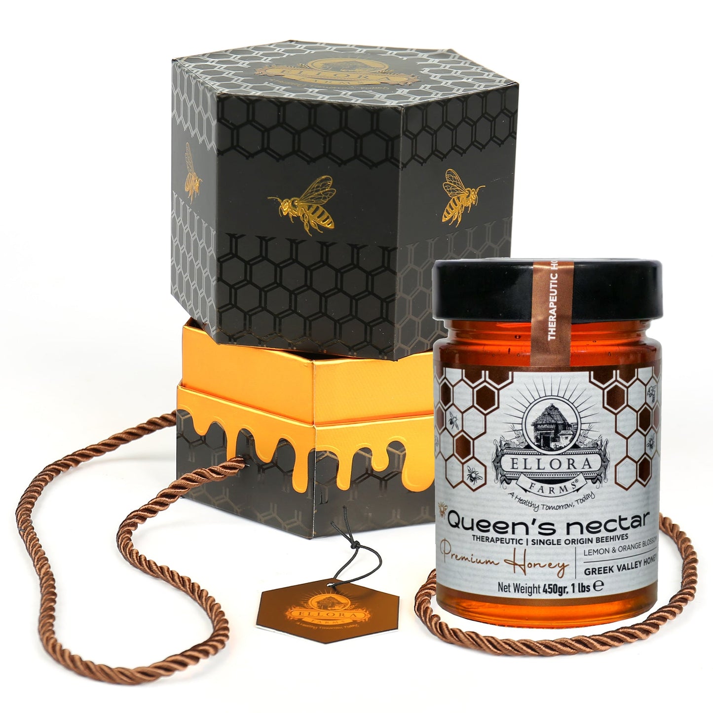 Ellora Farms, Greek Raw Honey, Queens Nectar, Lemon & Orange Blossom, Gift of Honey POT, Dipper Included, 450g