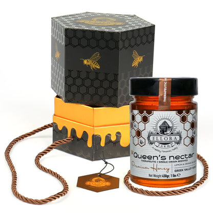 Ellora Farms, Greek Raw Honey, Queens Nectar, Lemon & Orange Blossom, Gift of Honey POT, Dipper Included, 450g