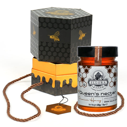 Ellora Farms, Greek Raw Honey, Queens Nectar, Lemon & Orange Blossom, Gift of Honey POT, Dipper Included, 450g