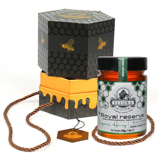 Ellora Farms, Organic Greek Raw Honey, Royal Reserve, Wild Thyme, Gift of Honey POT, Dipper Included, 450g