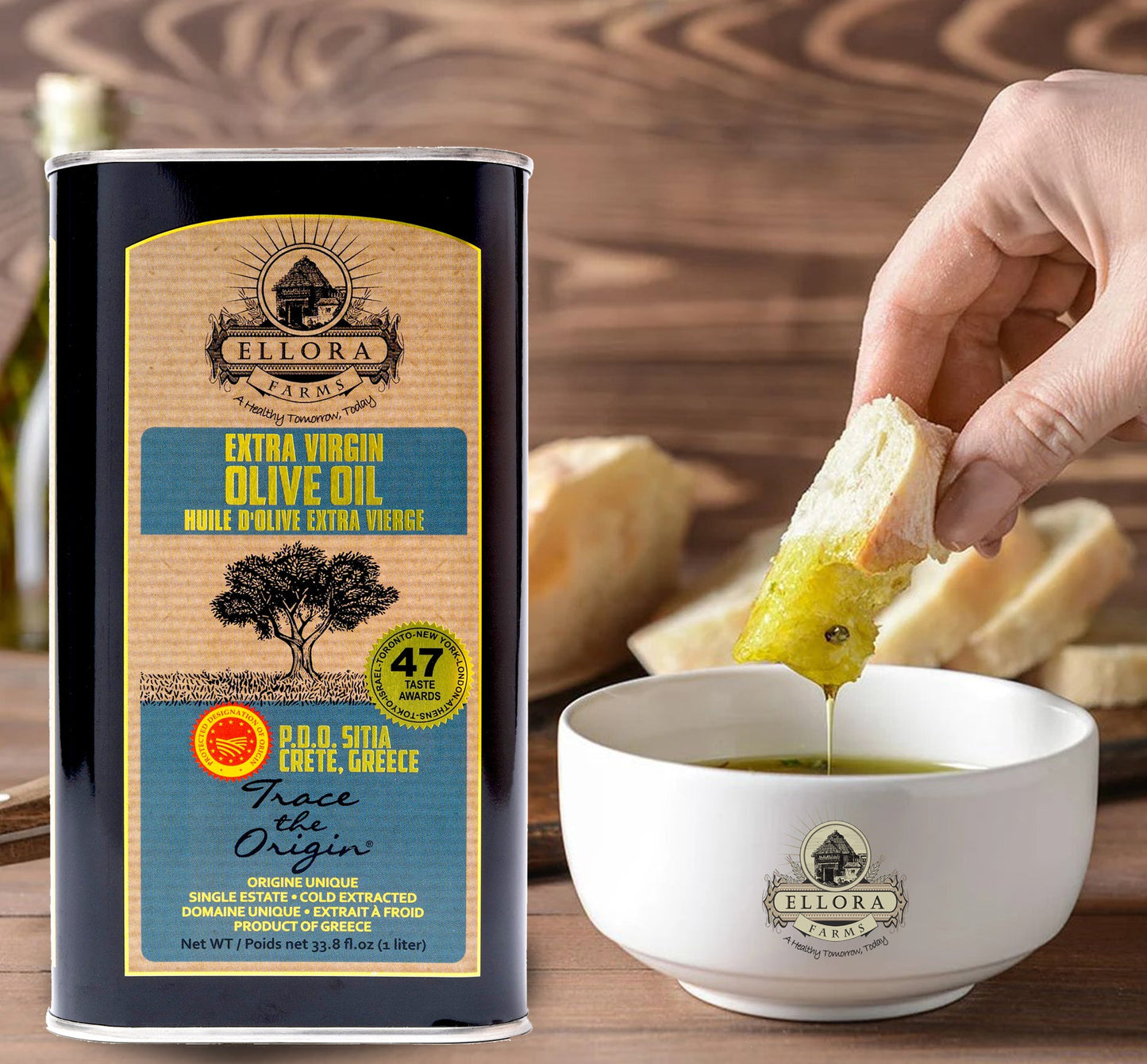 Ellora Farms PDO SITIA Extra Virgin Olive Oil, 1 Ltr Tin & Organic Tuscany Bread Dipping Mix, Combo