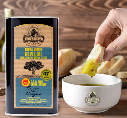 Ellora Farms PDO SITIA Extra Virgin Olive Oil, 1 Ltr Tin & Organic Tuscany Bread Dipping Mix, Combo