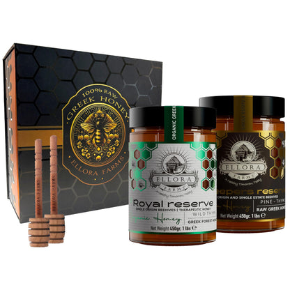 Ellora Farms, Organic Raw Honey & Single Estate PDO Pine Thyme Honey, Superfood, Includes Wooden Dippers, 1 lb Each, Twin Pack