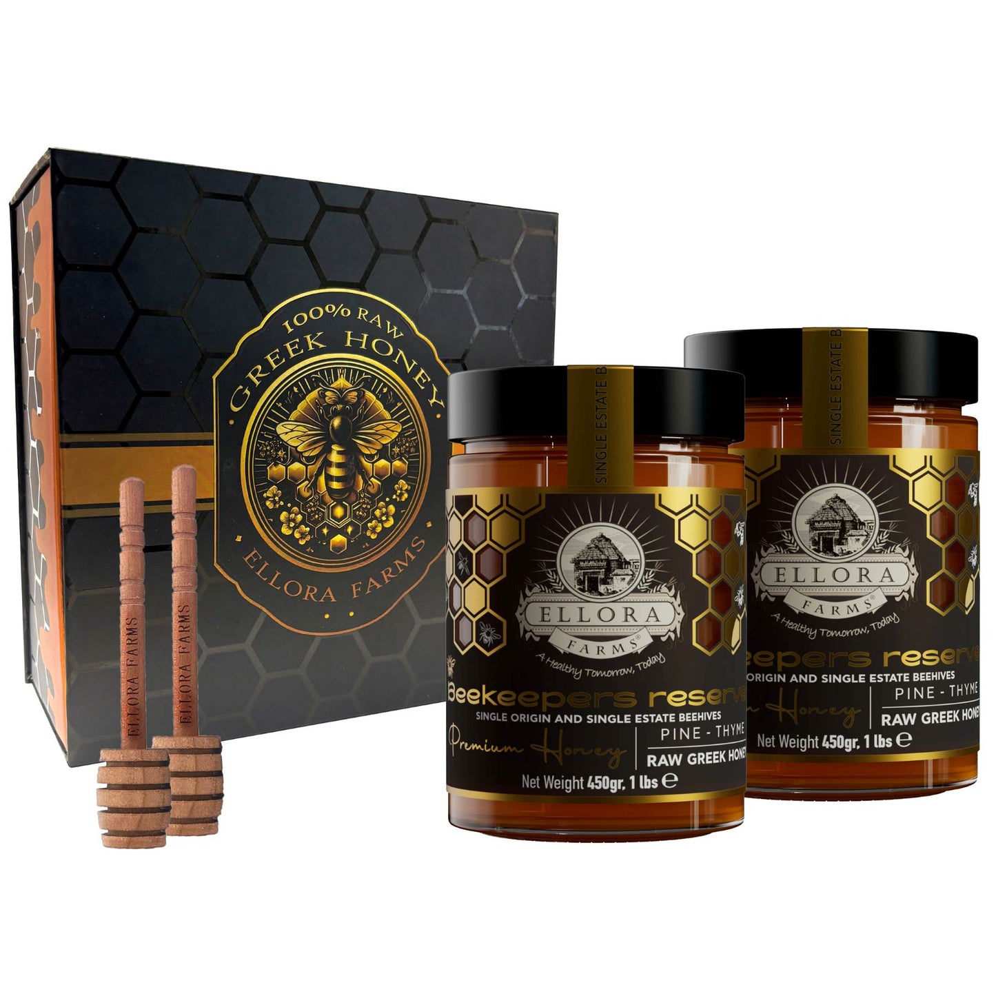 Ellora Farms, Single Estate PDO Greek Raw Honey, Pine & Thyme, Superfood, Includes Wooden Dippers, 1 lb Each, Twin Pack